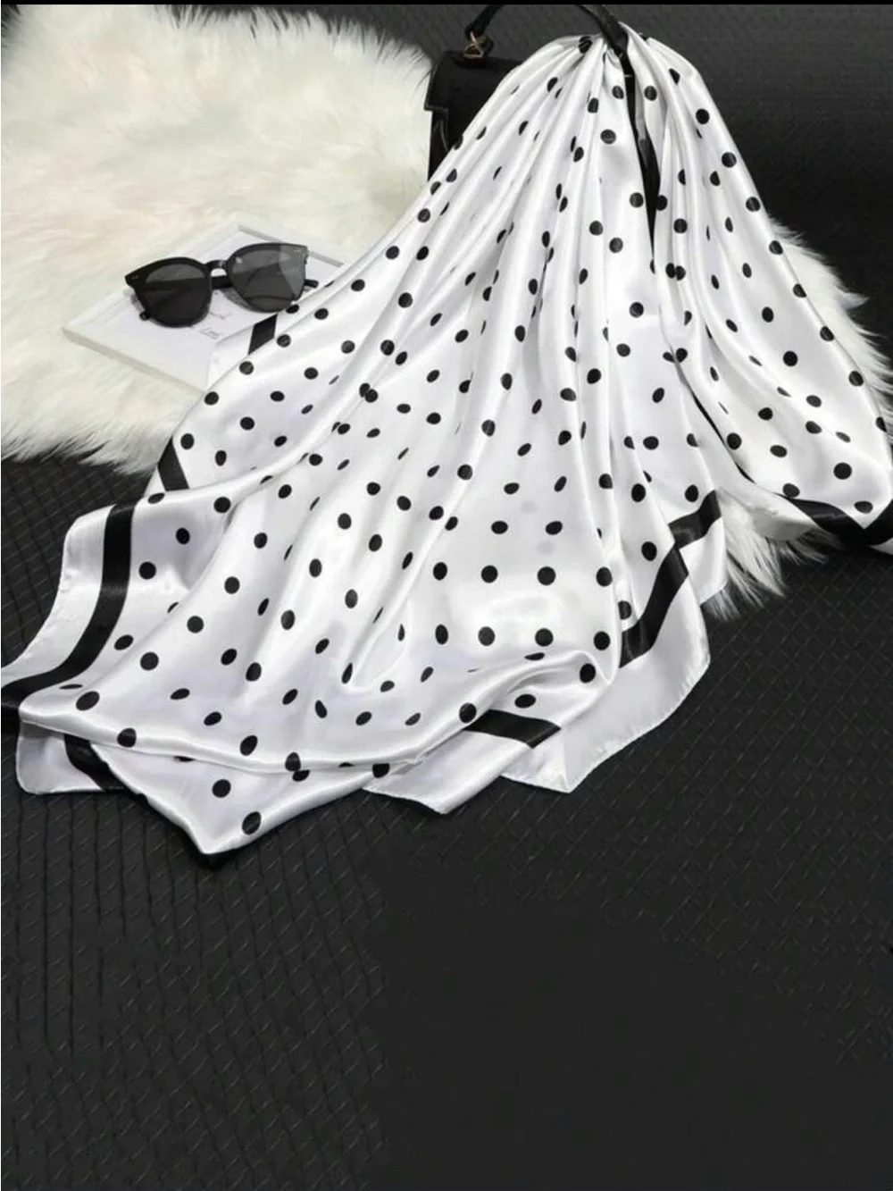 Luxury Polka Dot Satin Scarf - White & Black